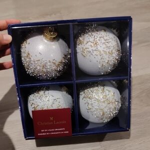 New! Christian Lacroix White/Gold/Silver Tone Glass Ornament Set Of 4 Collection